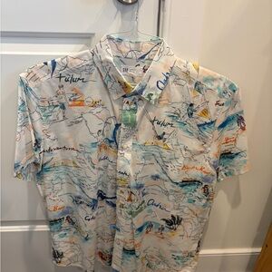 GAP White Short-Sleeve Button-Down with Multicolor Coastal Print